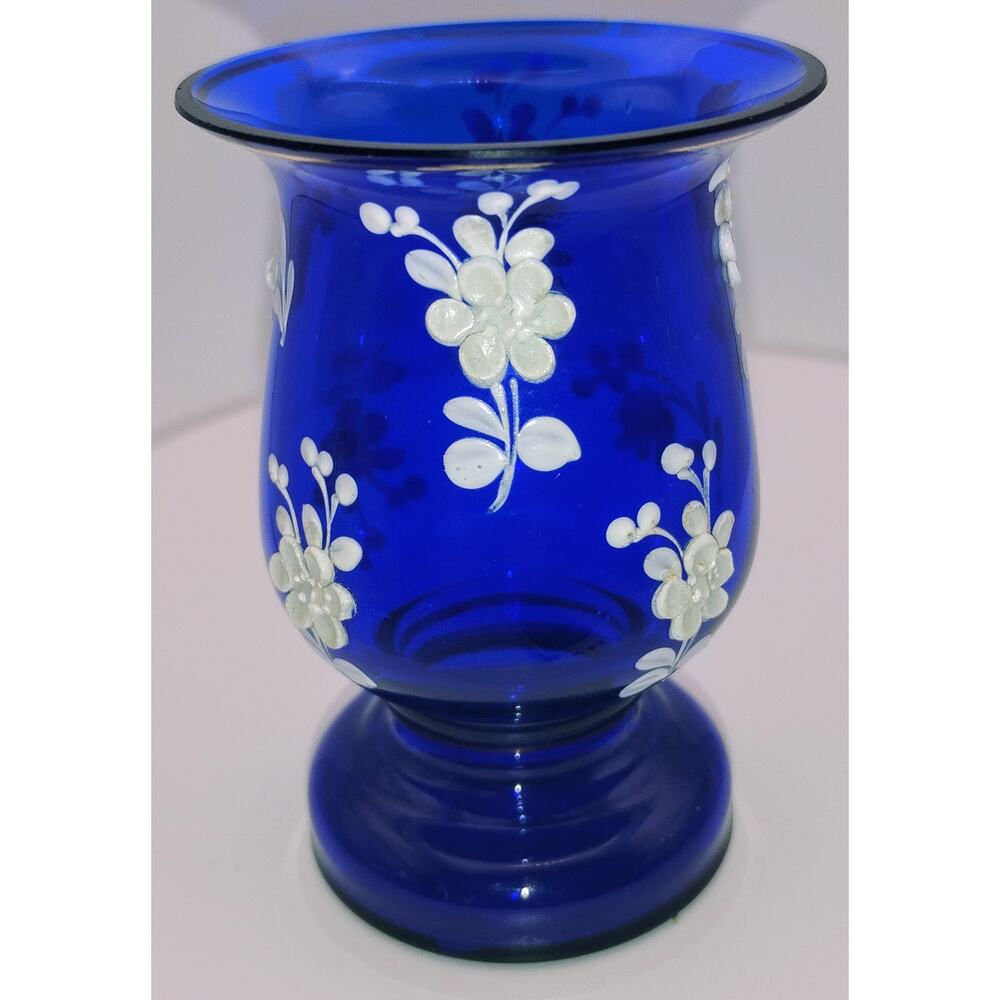Vintage Czechoslovakia Cobalt Blue Glass Bud Vase Enamel Flowers 3”